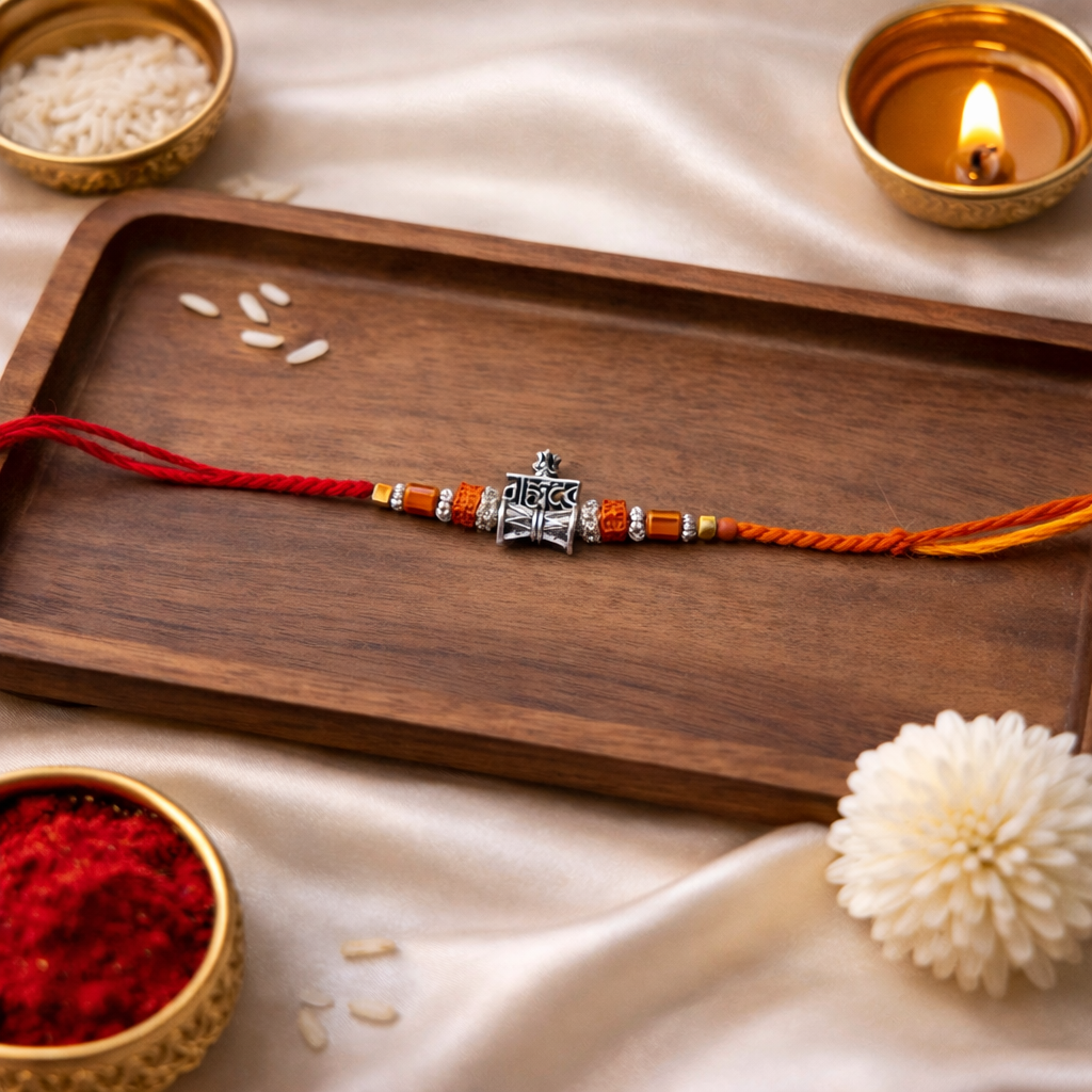 Traditional Mahadev Damru Rakhi with Roli Chawal & Rakshabandhan Card