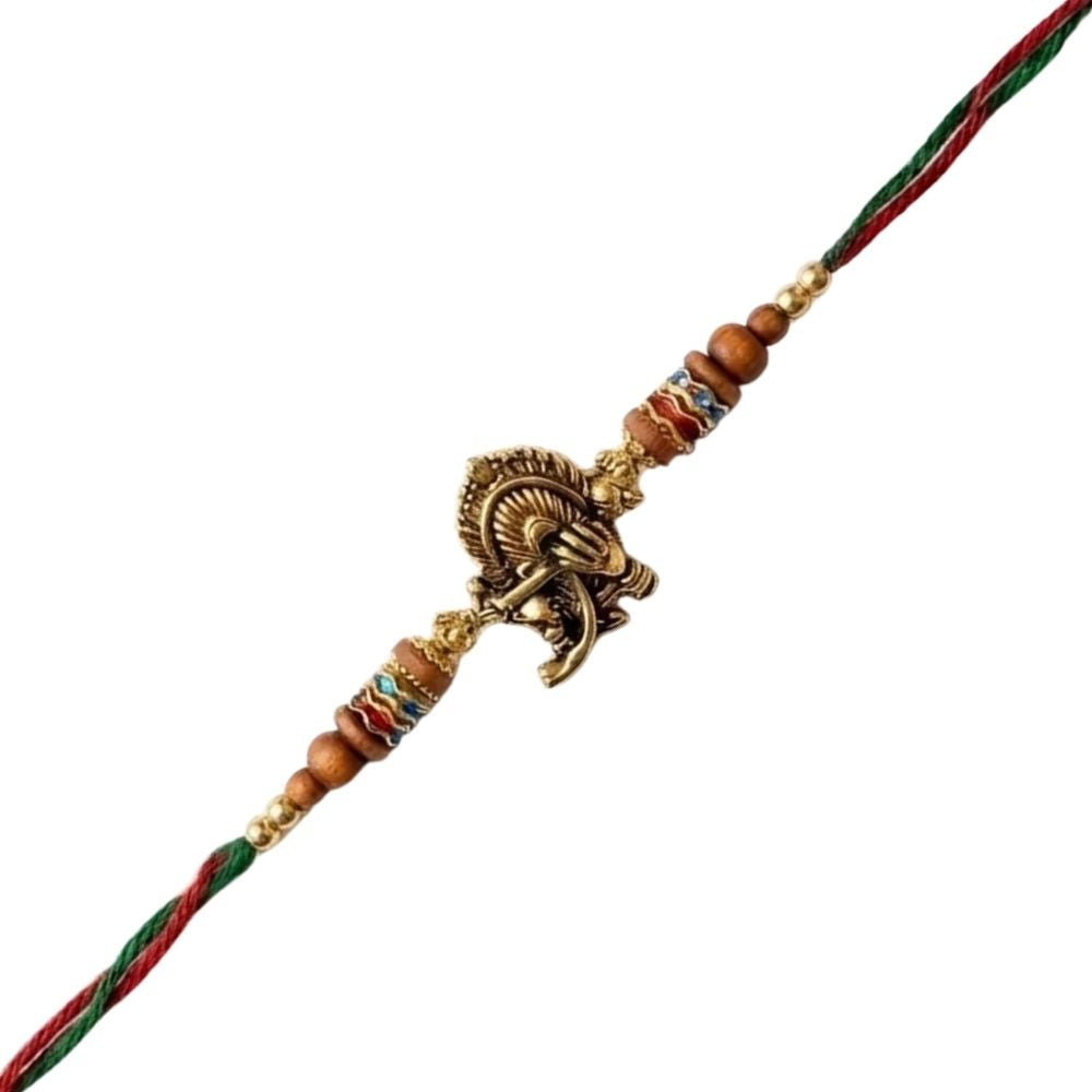 Peacock Feather Krishna Flute Rakhi with Roli Chawal & Rakshabandhan Card