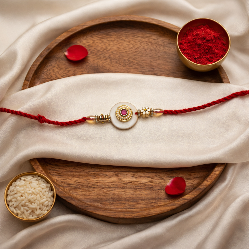 Pearl & Kundan Stone Rakhi with Roli Chawal & Rakshabandhan Card