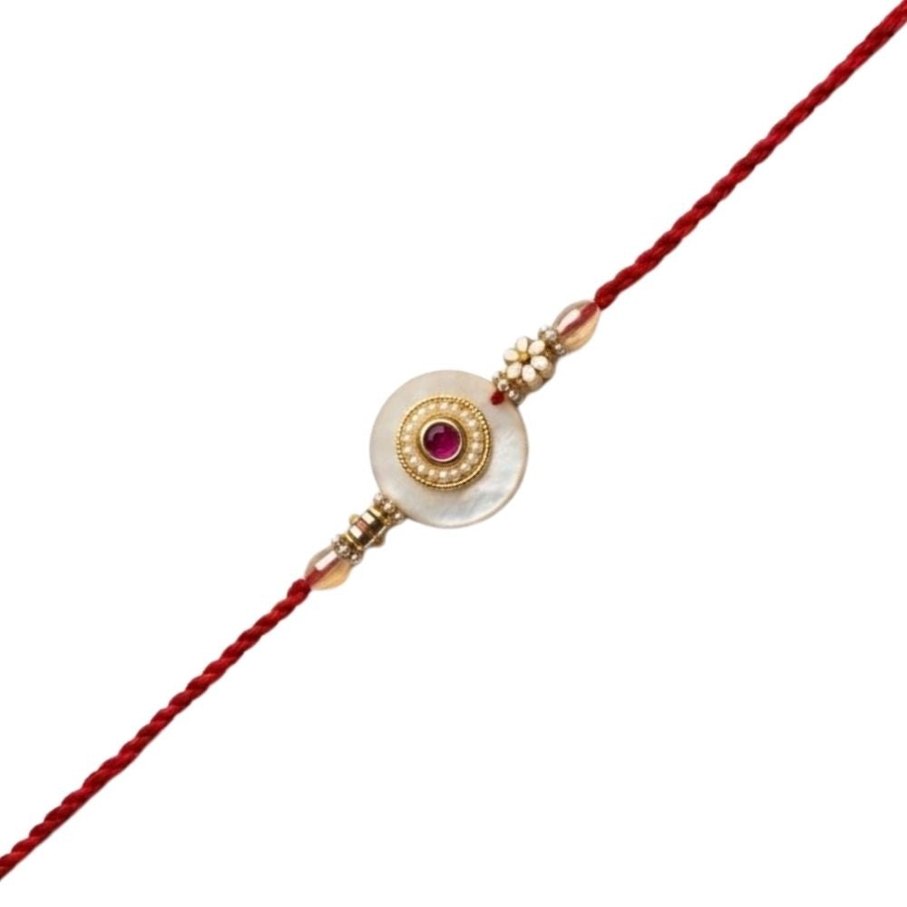 Pearl & Kundan Stone Rakhi with Roli Chawal & Rakshabandhan Card