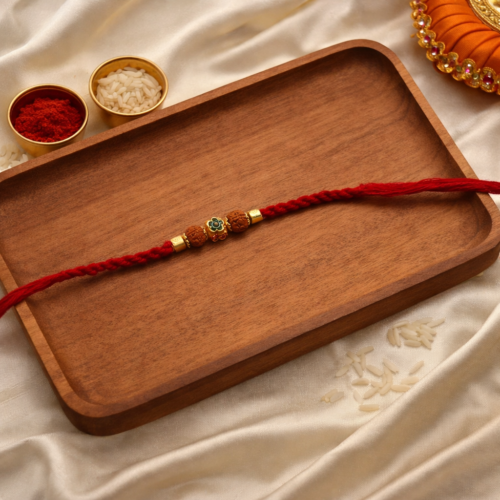 Rudraksh Enamel Rakhi with Roli Chawal & Rakshabandhan Card