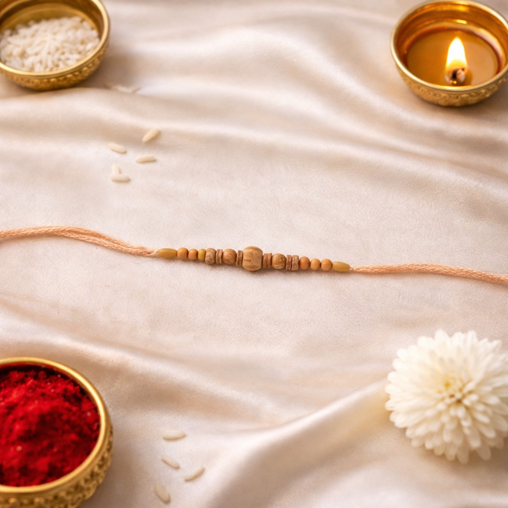 Traditional Wooden Beads Rakhi with Roli Chawal & Rakshabandhan Card
