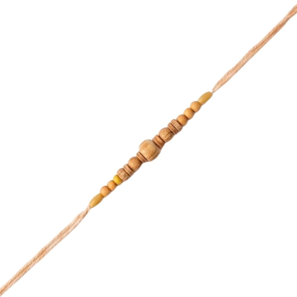Traditional Wooden Beads Rakhi with Roli Chawal & Rakshabandhan Card