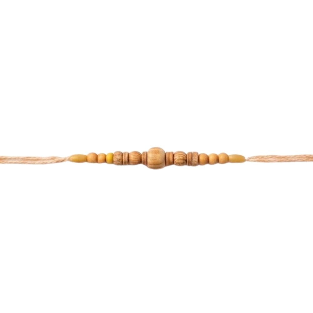 Traditional Wooden Beads Rakhi with Roli Chawal & Rakshabandhan Card