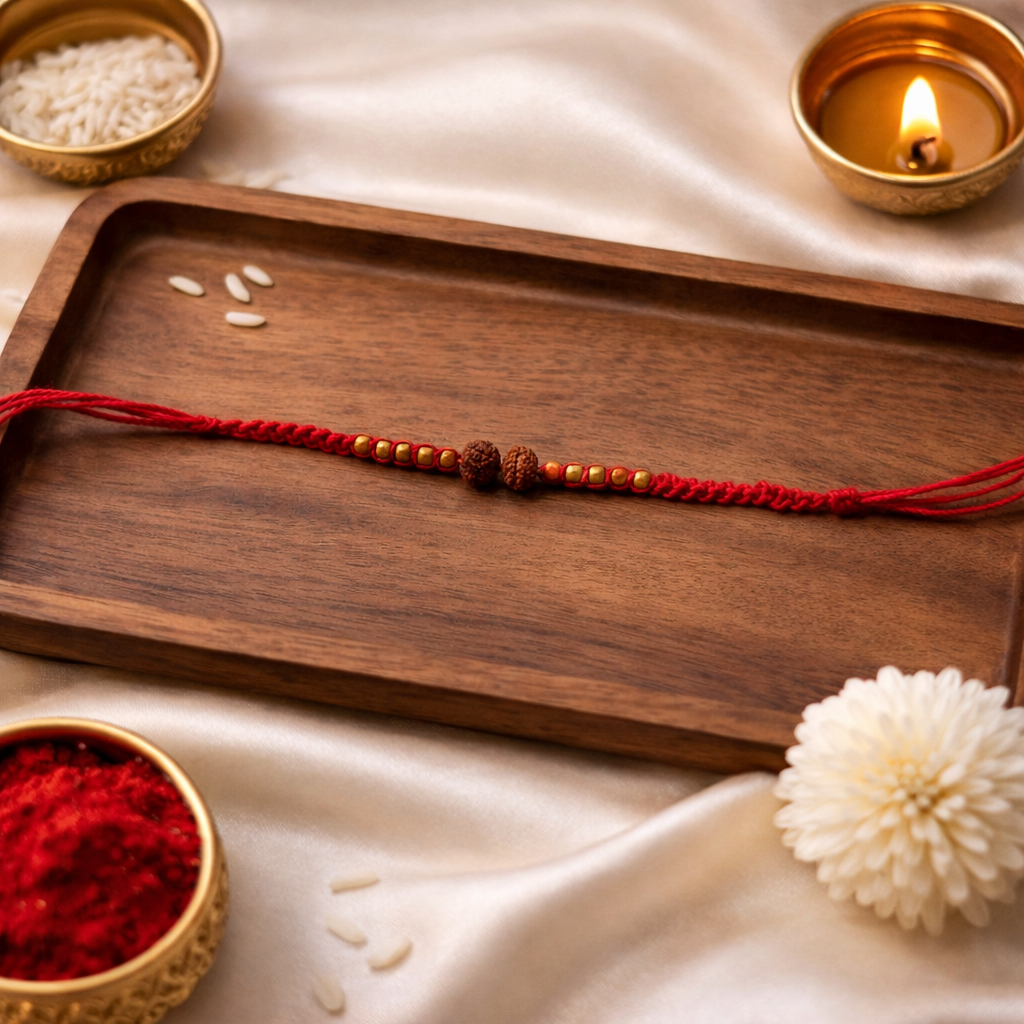 Double Beads Rudraksha Rakhi with Roli Chawal & Rakshabandhan Card