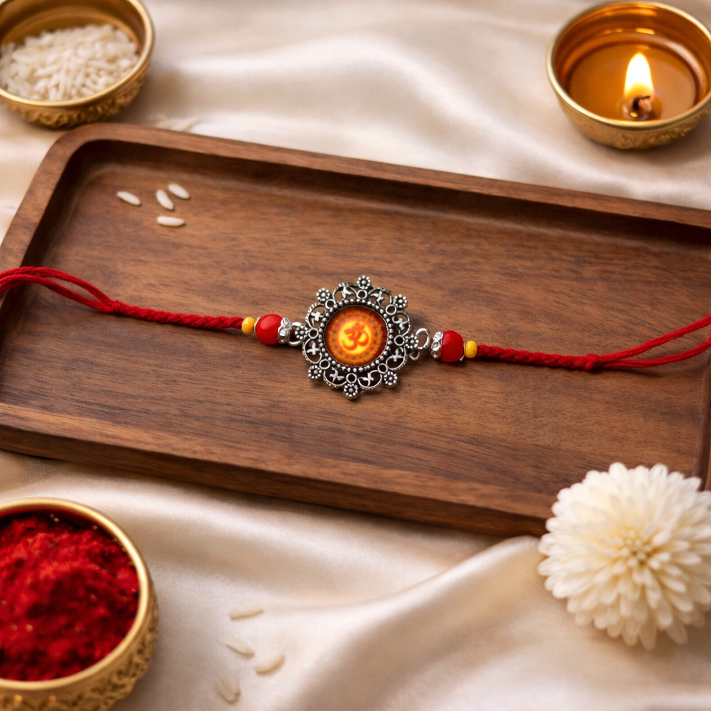 OM Mandala Design Rakhi  with Roli Chawal & Rakshabandhan Card