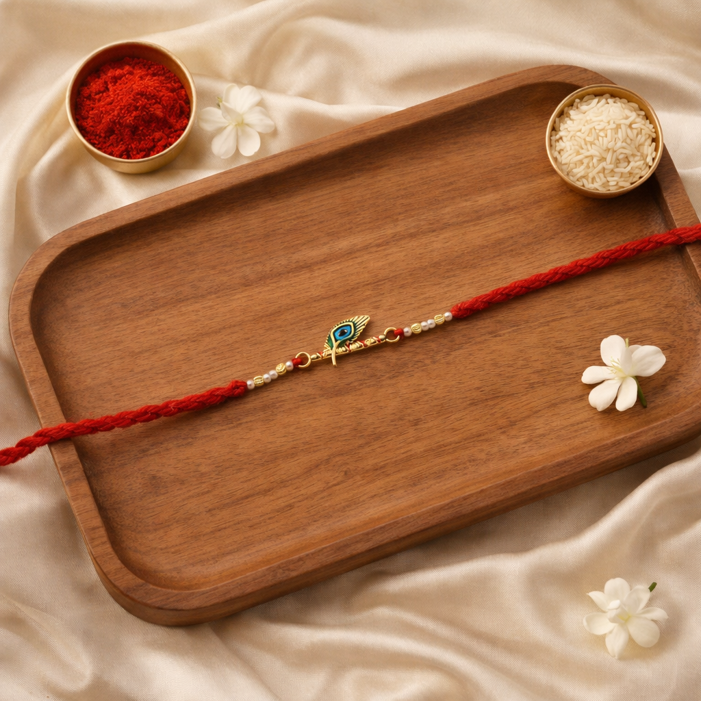 Krishna Inspired Peacock Feather Rakhi with Roli Chawal & Rakshabandhan Card