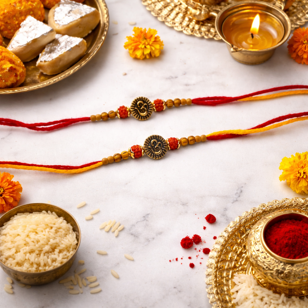 Traditional Om Rakhi with Roli Chawal & Rakshabandhan Card (Pack Of 2)