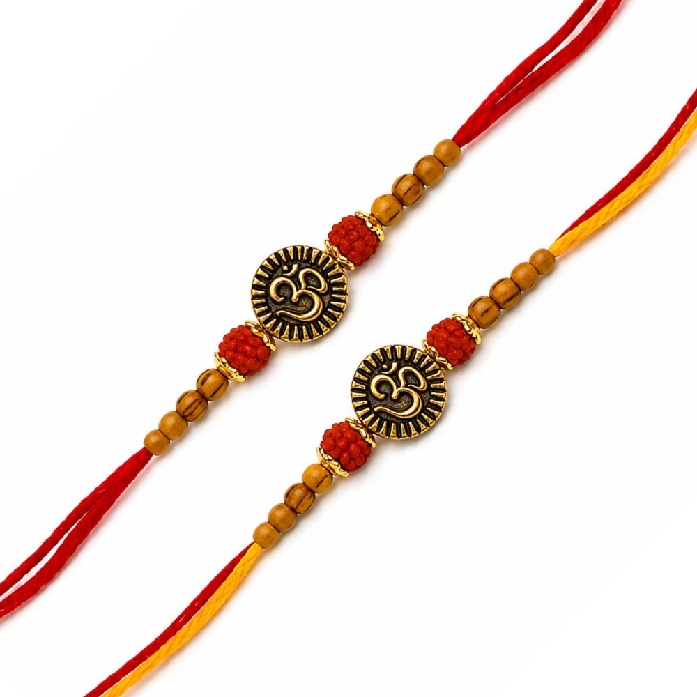 Traditional Om Rakhi with Roli Chawal & Rakshabandhan Card (Pack Of 2)