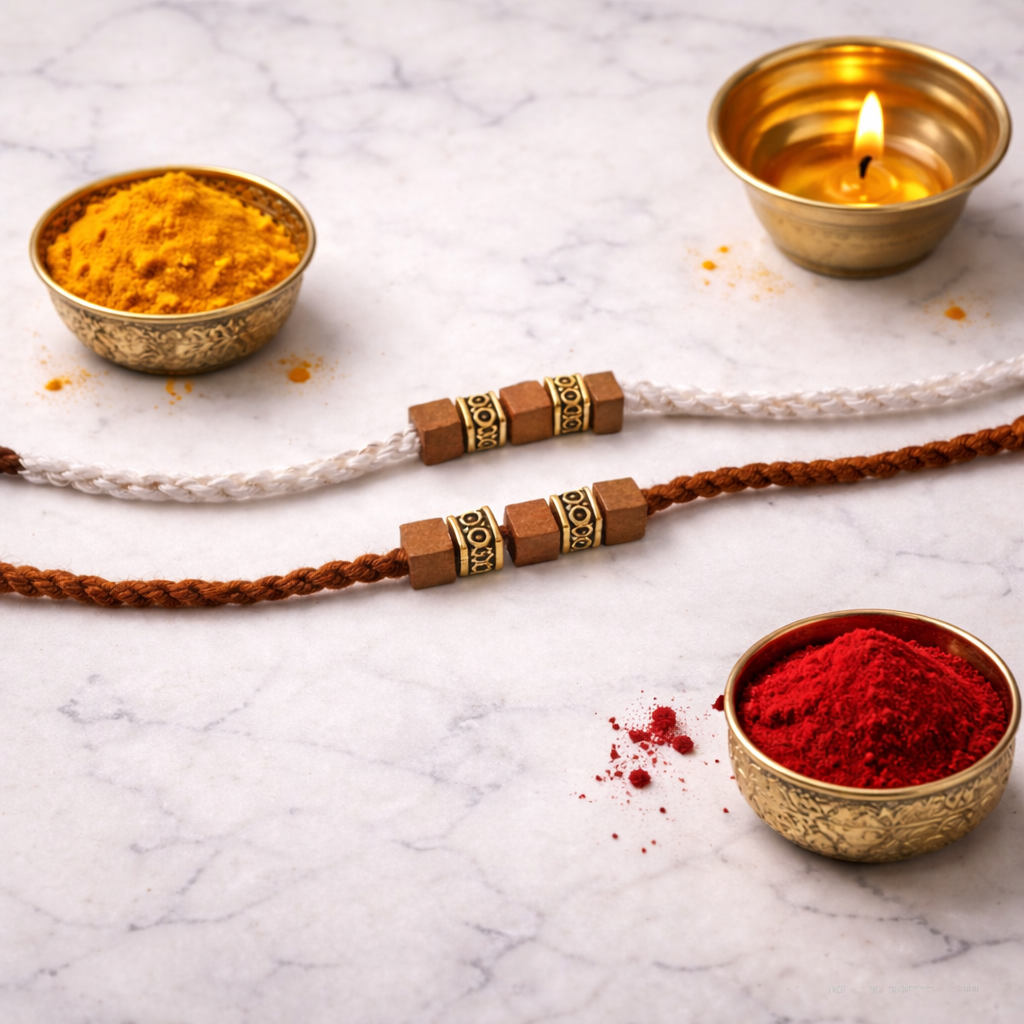 Minimalist Wooden Bead Rakhi with Roli Chawal & Rakshabandhan Card (Pack Of 2)