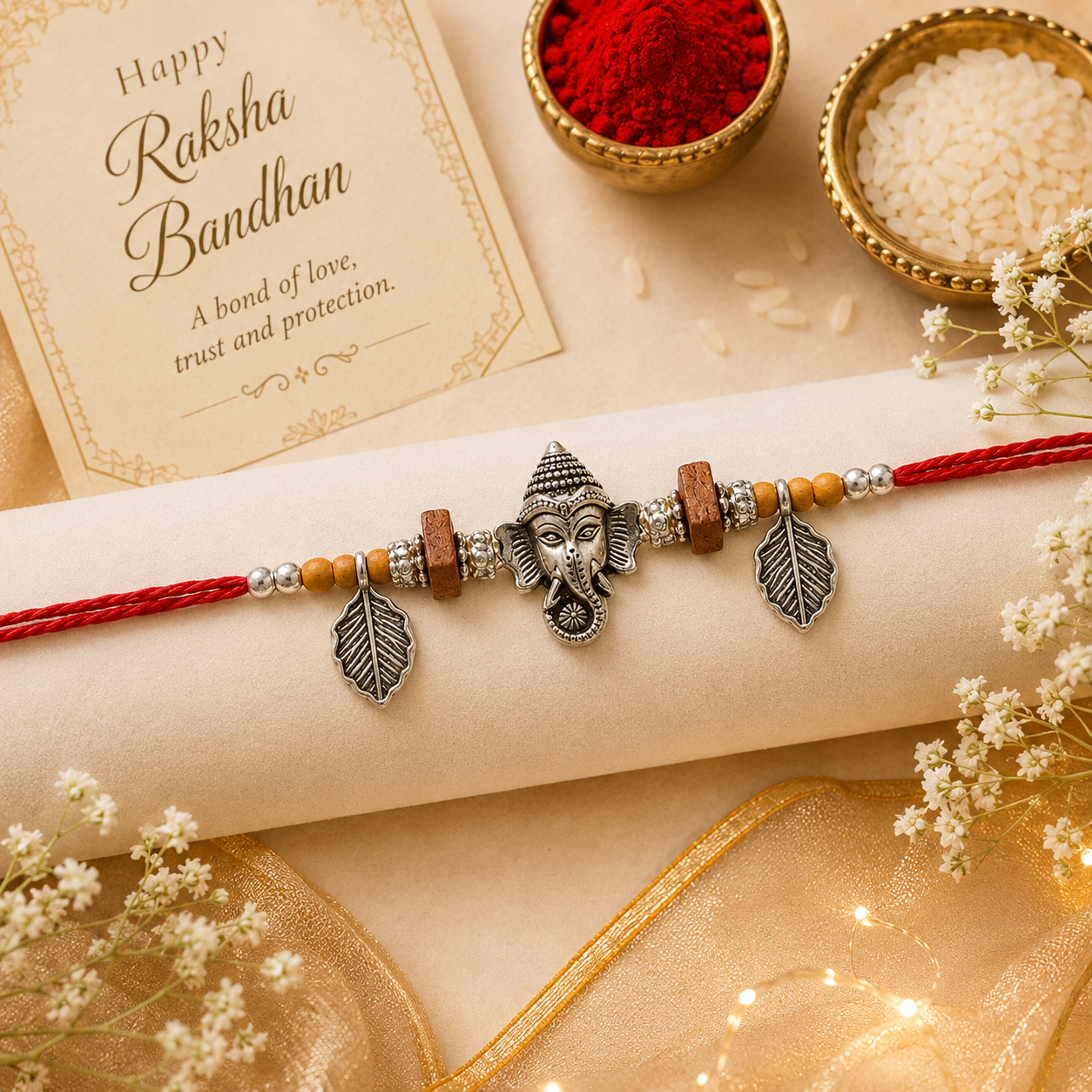 Shree Ganesha Rakhi with Roli Chawal & Rakshabandhan Card
