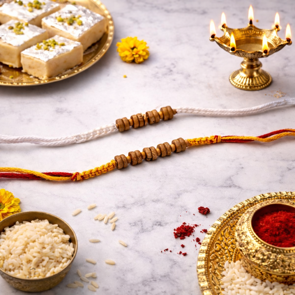 Wooden Disc Beaded Rakhi with Roli Chawal & Rakshabandhan Card (Pack of 2)