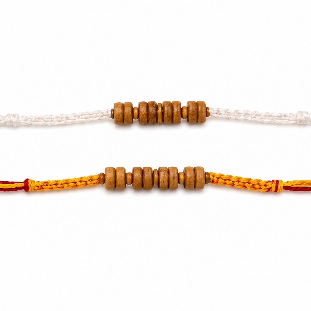 Wooden Disc Beaded Rakhi with Roli Chawal & Rakshabandhan Card (Pack of 2)