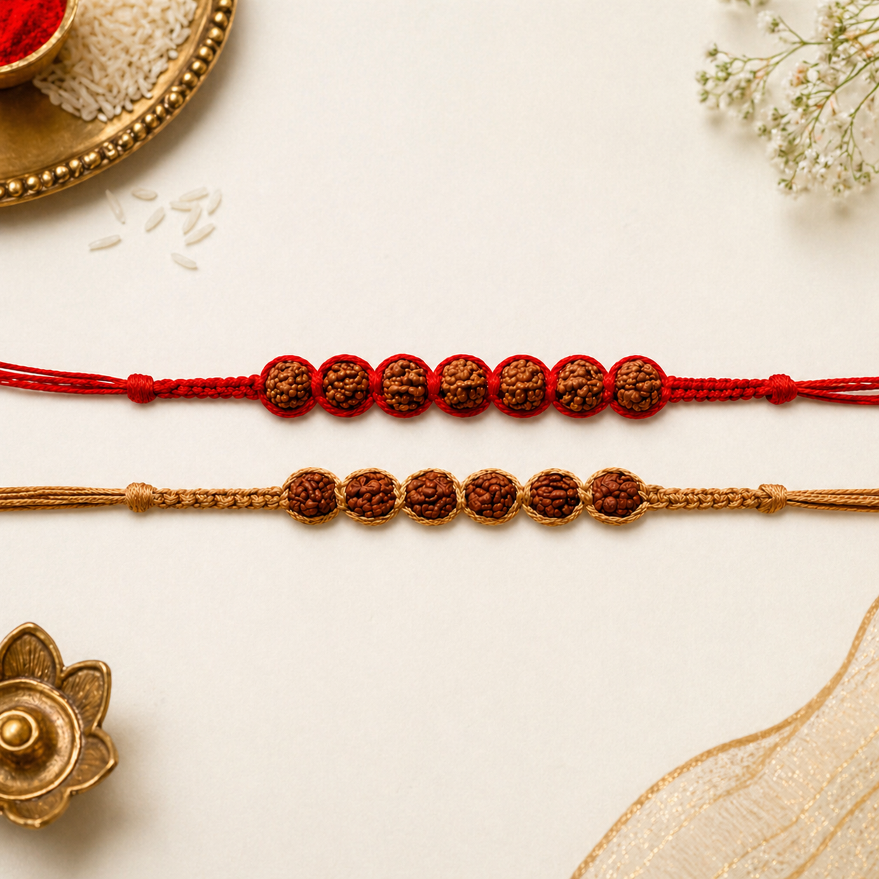 Traditional Rudraksha Bead Rakhi with Roli Chawal & Rakshabandhan Card (Pack of 2)