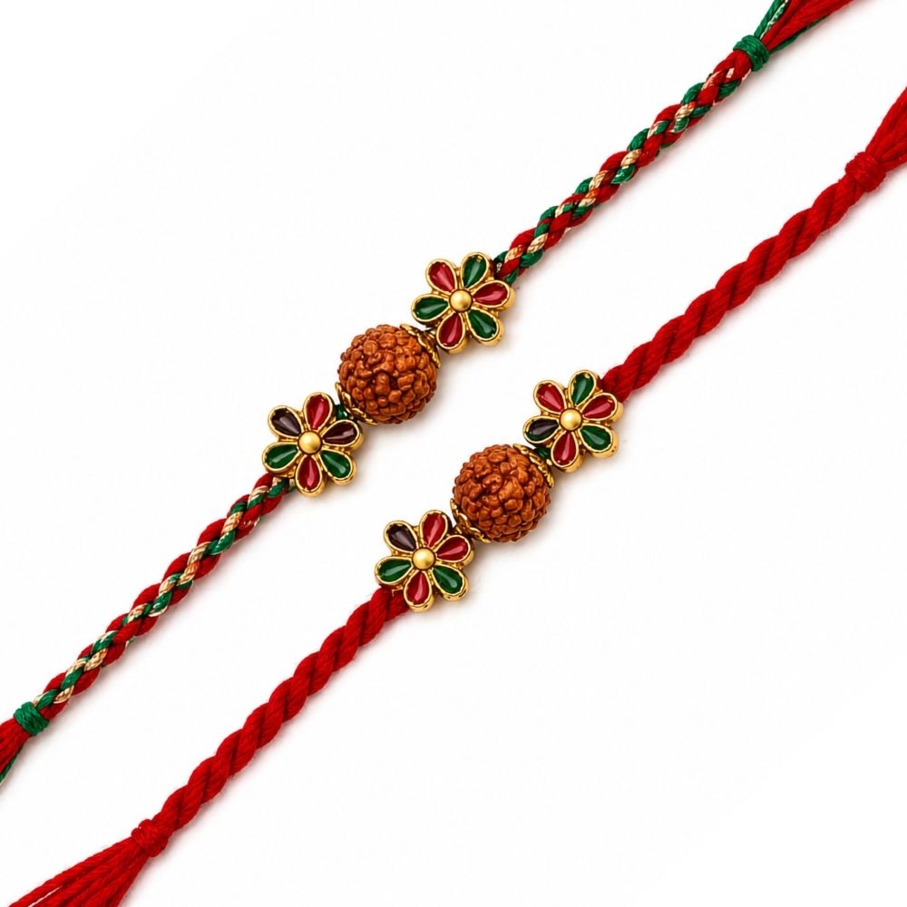 Traditional Rudraksha Floral Rakhi with Roli Chawal & Rakshabandhan Card (Pack of 2)