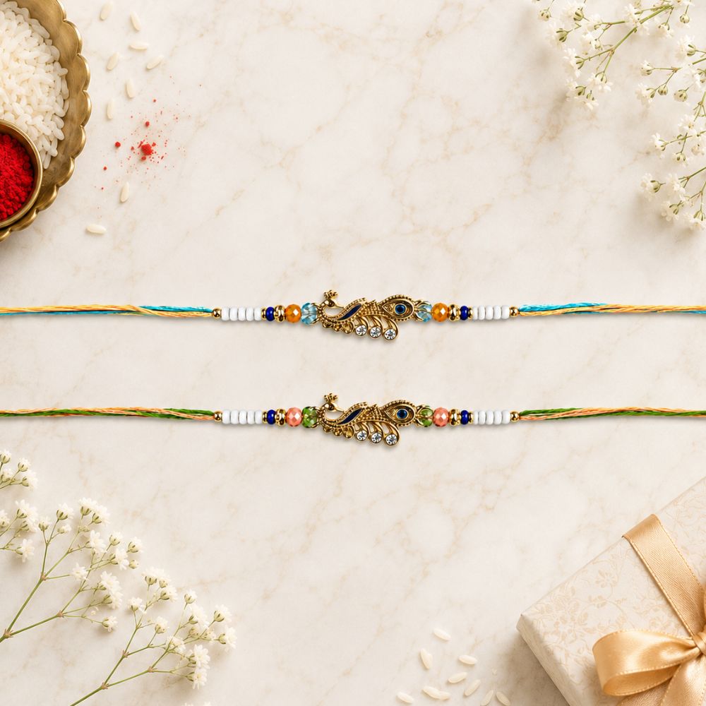 Designer Mor Rakhi with Roli Chawal & Rakshabandhan Card  (Pack of 2)