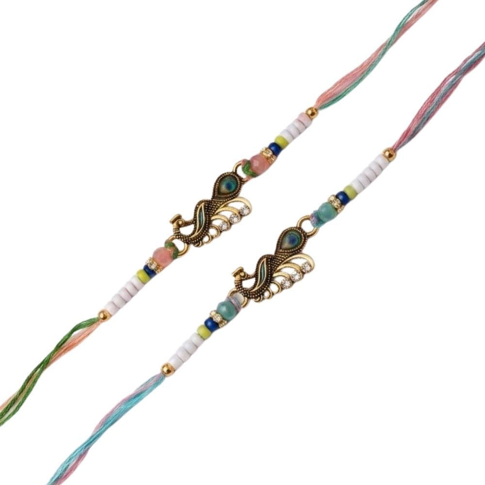 Elegant Mor Rakhi with Roli Chawal & Rakshabandhan Card (Pack of 2)