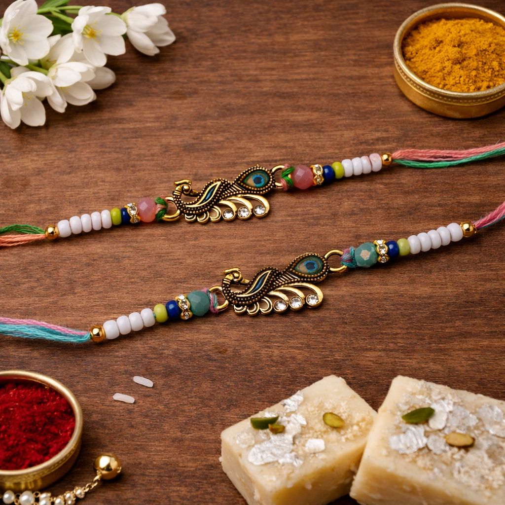 Elegant Mor Rakhi with Roli Chawal & Rakshabandhan Card (Pack of 2)