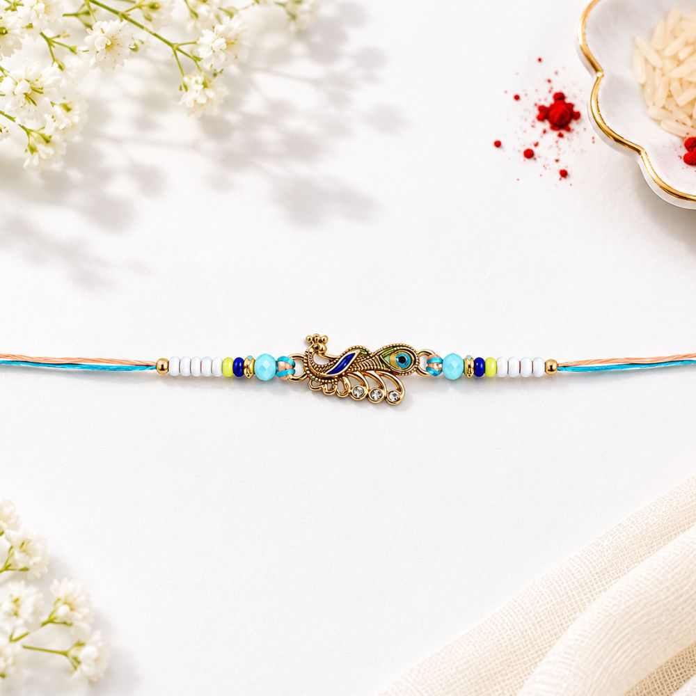 Peacock Thread Rakhi with Roli Chawal & Raksha Bandhan Card