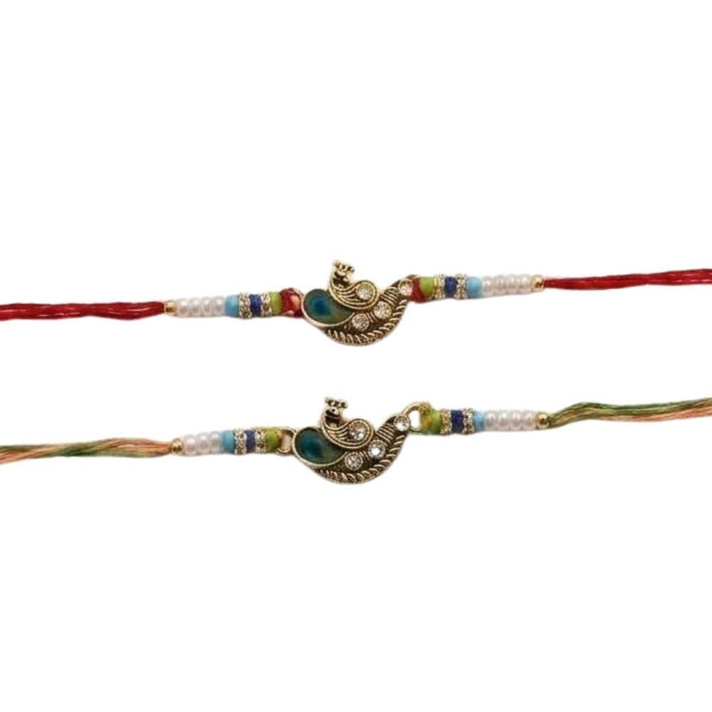 Elegant Peacock Rakhi with Roli Chawal & Rakshabandhan Card (Pack of 2)