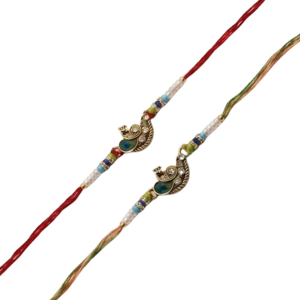 Elegant Peacock Rakhi with Roli Chawal & Rakshabandhan Card (Pack of 2)