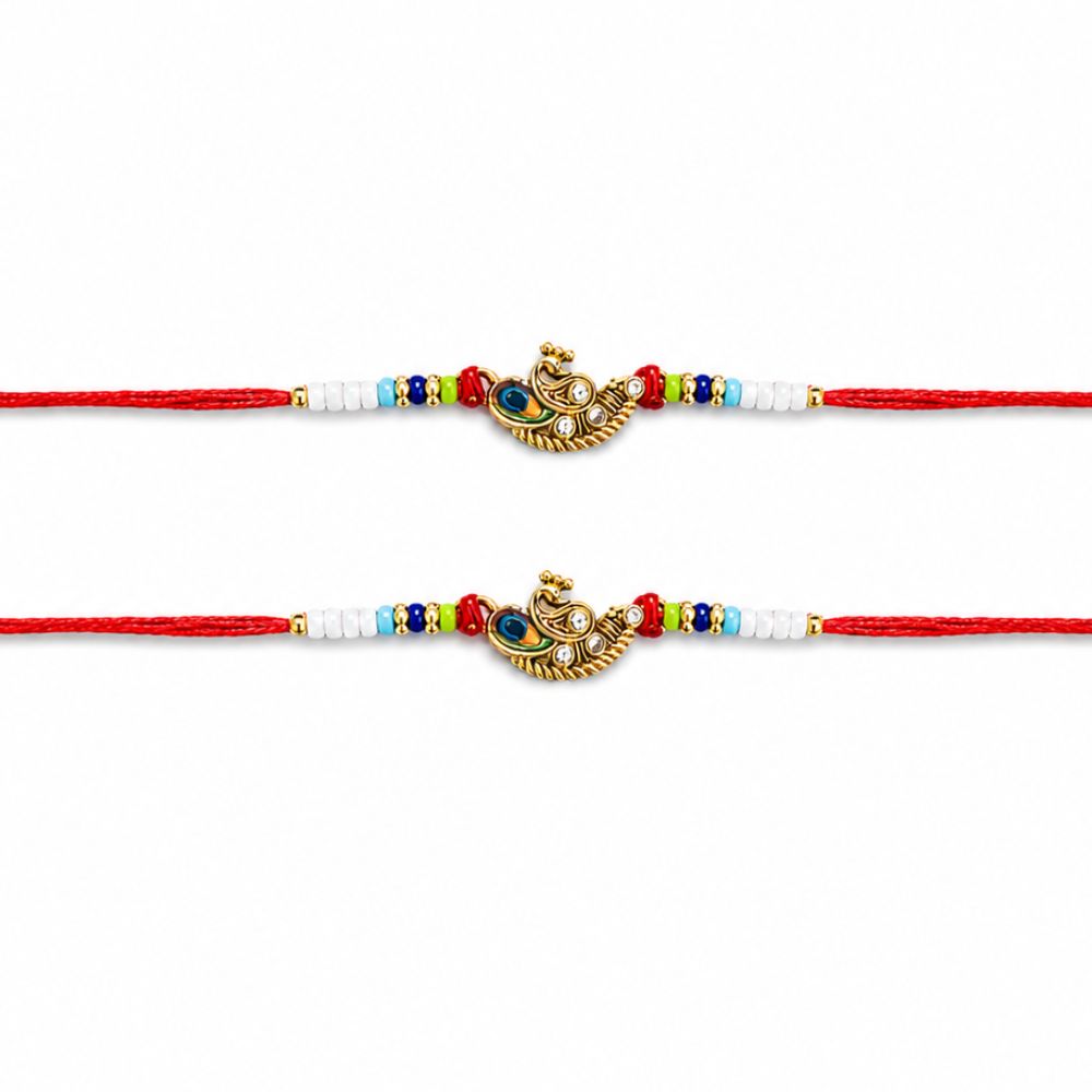 Elegant Mor Feather Rakhi with Roli Chawal & Rakshabandhan Card (Pack of 2)