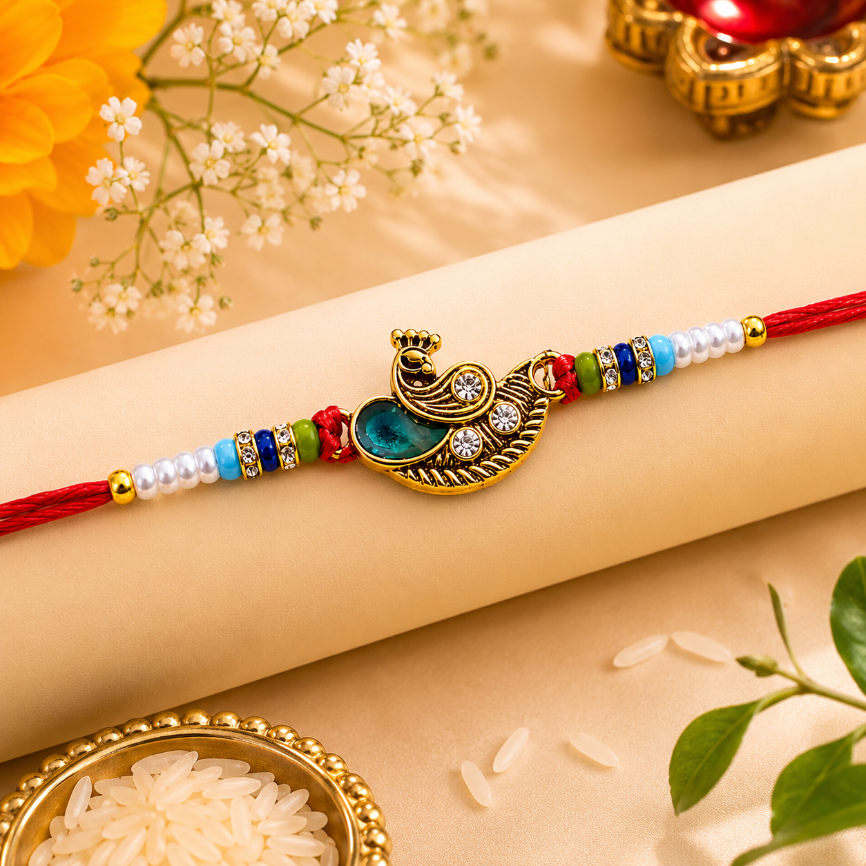 Elegant Peacock Rakhi with Roli Chawal & Rakshabandhan Card