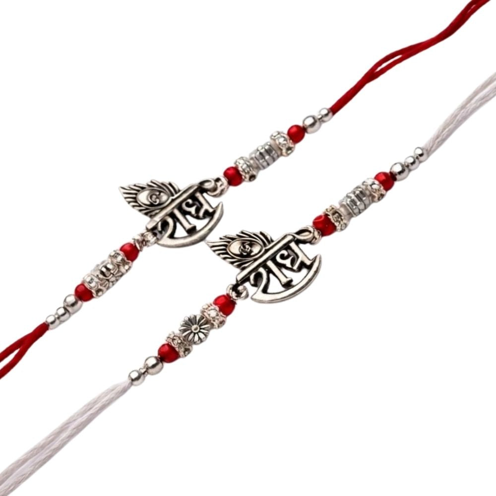 Radhe Peacock Feather Rakhi with Roli Chawal & Rakshabandhan Card (Pack of 2)