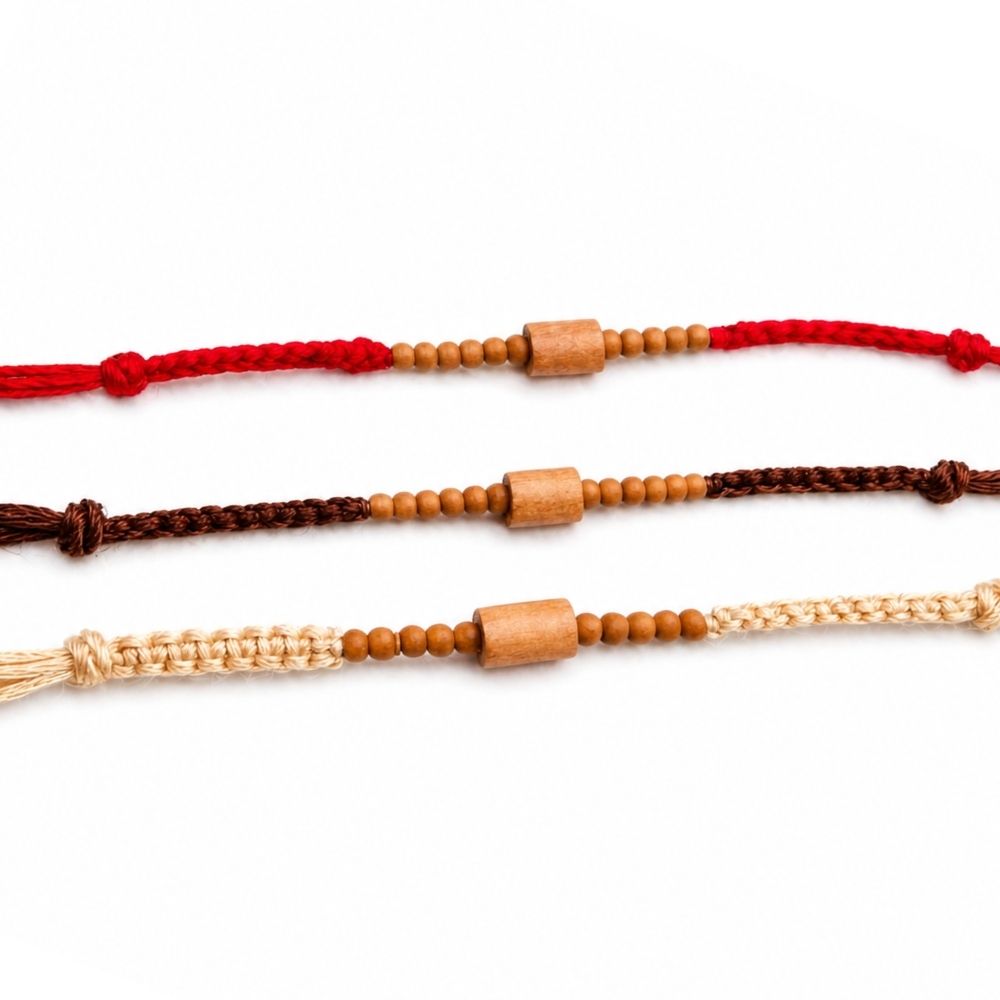 Minimalist Wooden Bead Rakhi with Roli Chawal & Rakshabandhan Card (Pack of 3)