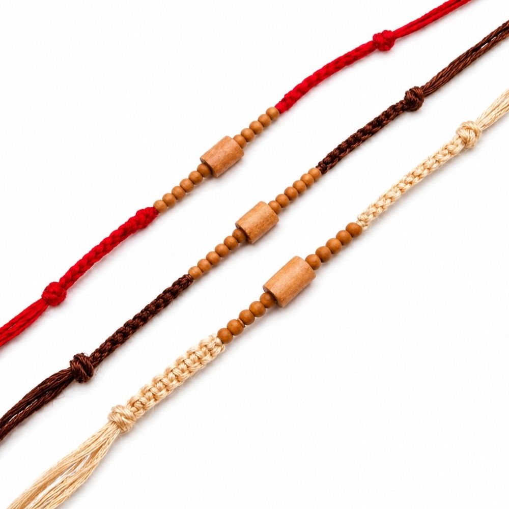 Minimalist Wooden Bead Rakhi with Roli Chawal & Rakshabandhan Card (Pack of 3)