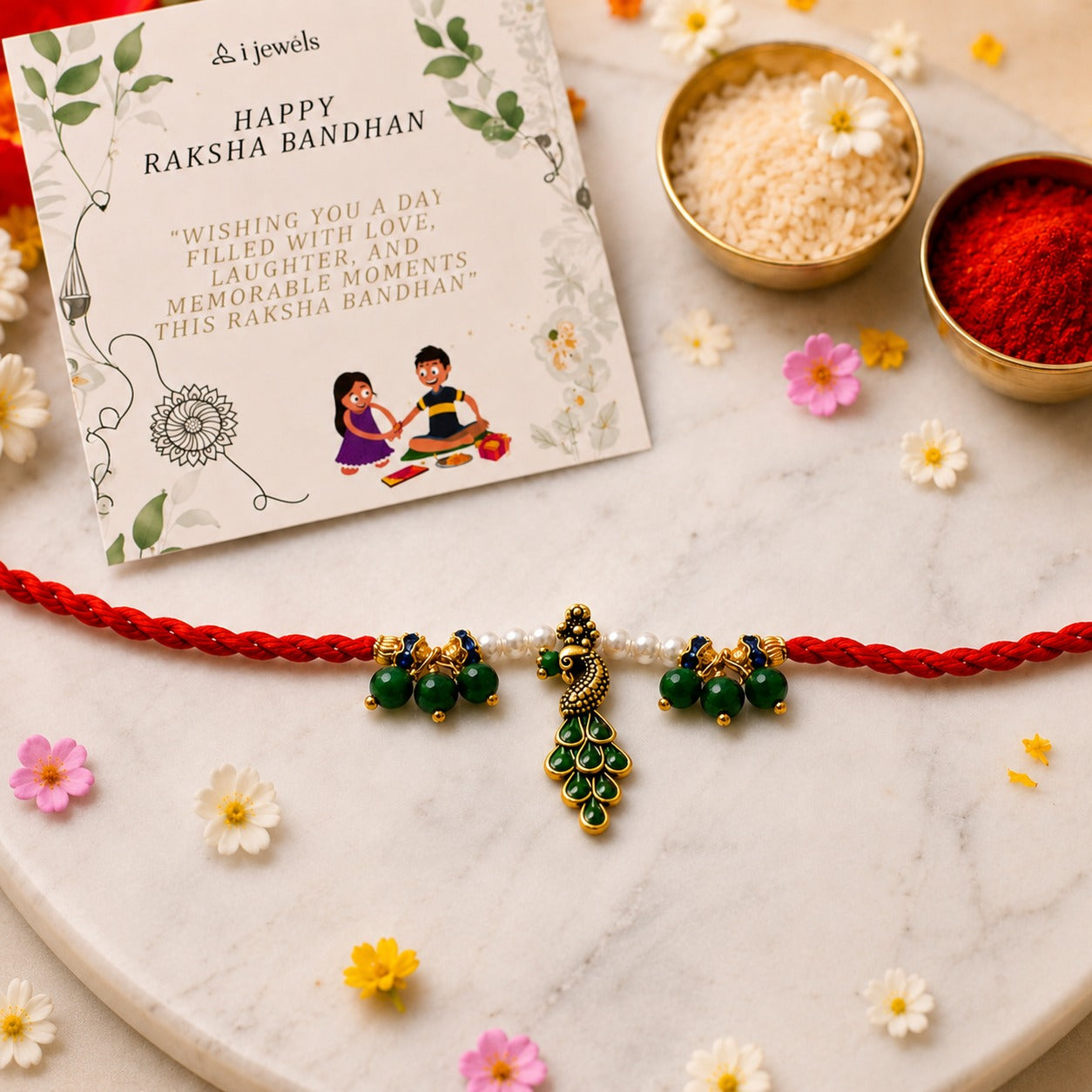 Ethnic Peacock Feather Rakhi with Roli Chawal & Rakshabandhan Card