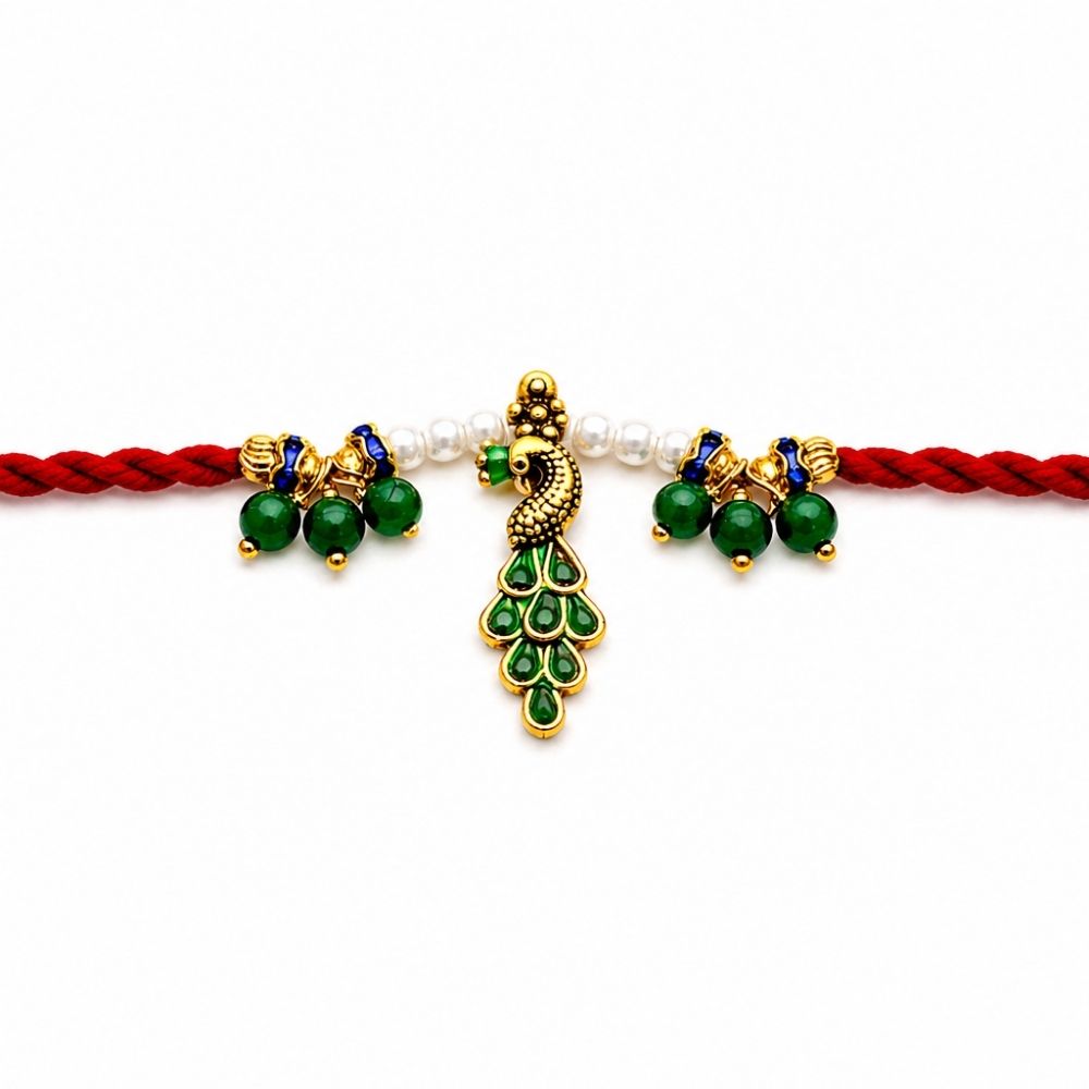 Ethnic Peacock Feather Rakhi with Roli Chawal & Rakshabandhan Card