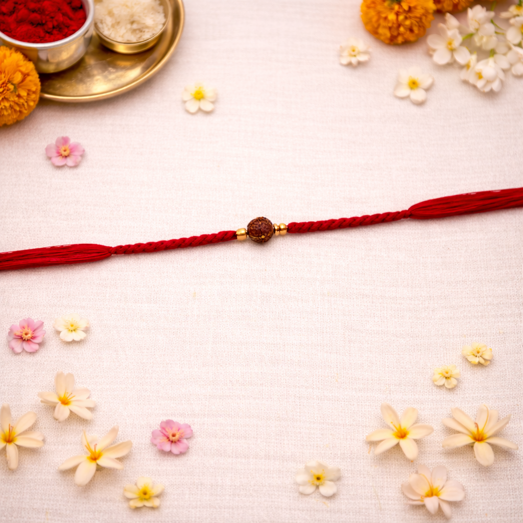 Minimalist Rudraksha Rakhi with Roli Chawal & Rakshabandhan Card