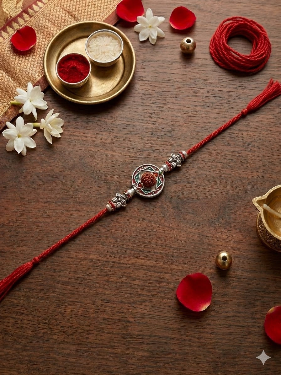 Designer Rudraksha Rakhi with Roli Chawal & Rakshabandhan Card