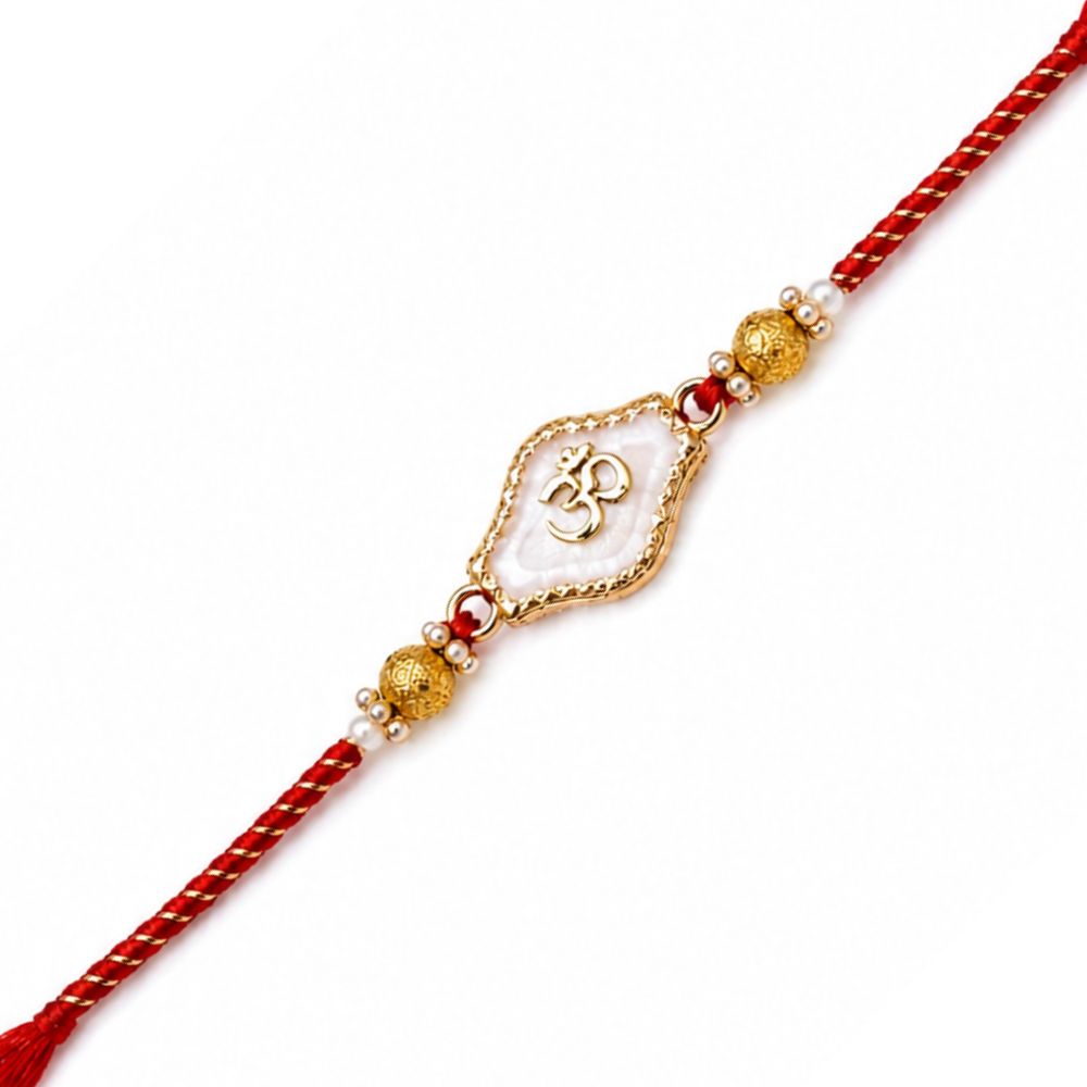 Om White Enamel Rakh iwith Roli Chawal & Rakshabandhan Card