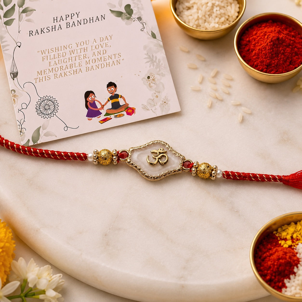 Om White Enamel Rakh iwith Roli Chawal & Rakshabandhan Card