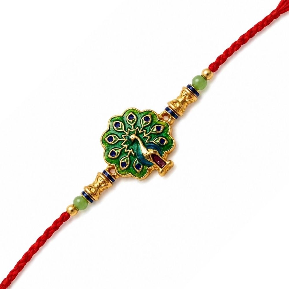 Traditional Peacock Design Rakhi with Roli Chawal & Rakshabandhan Card