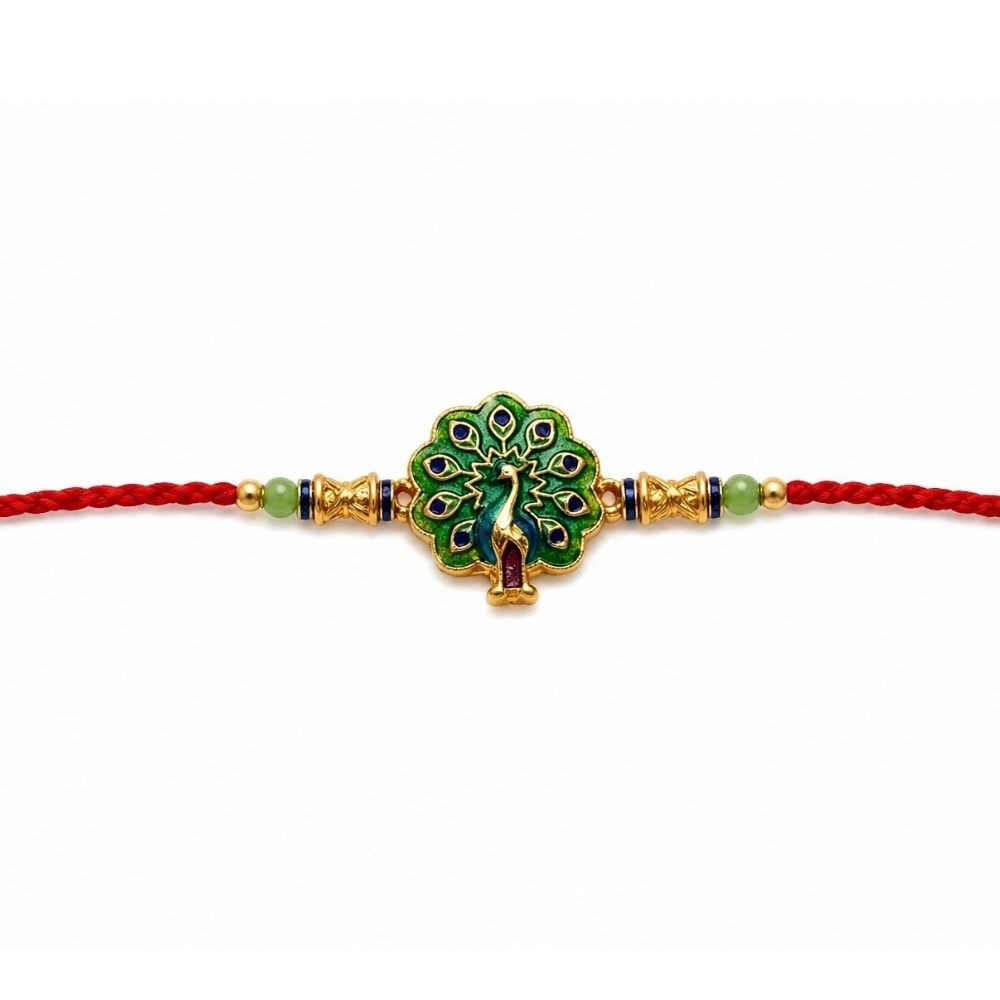 Traditional Peacock Design Rakhi with Roli Chawal & Rakshabandhan Card