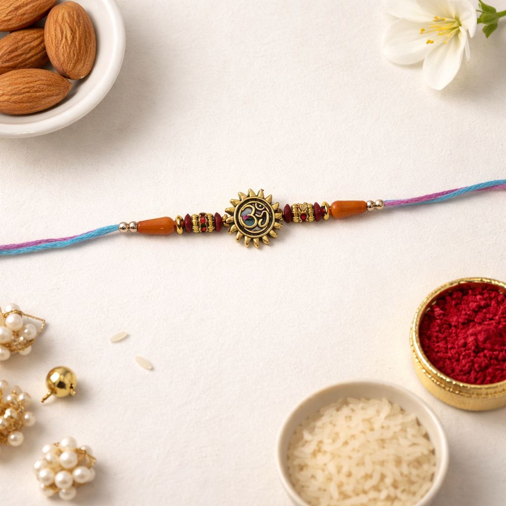 Traditional Om Sun Shape Rakhi with Roli Chawal & Rakshabandhan Card