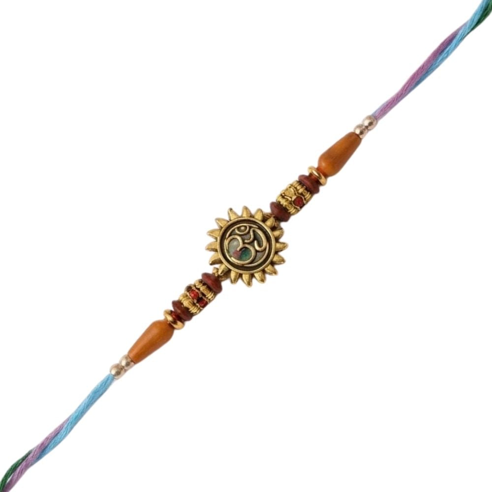 Traditional Om Sun Shape Rakhi with Roli Chawal & Rakshabandhan Card