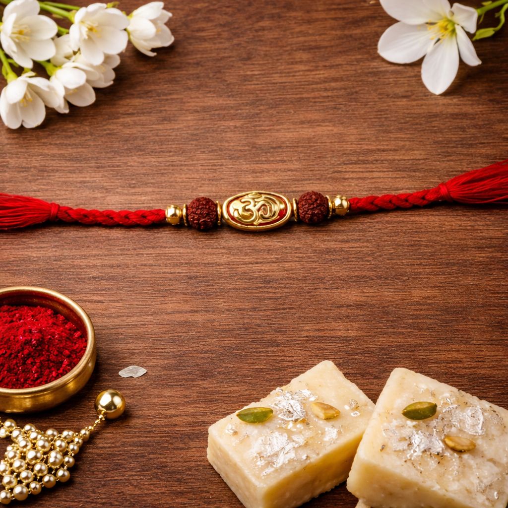 Om Rudraksh Rakhi with Roli Chawal & Rakshabandhan Card