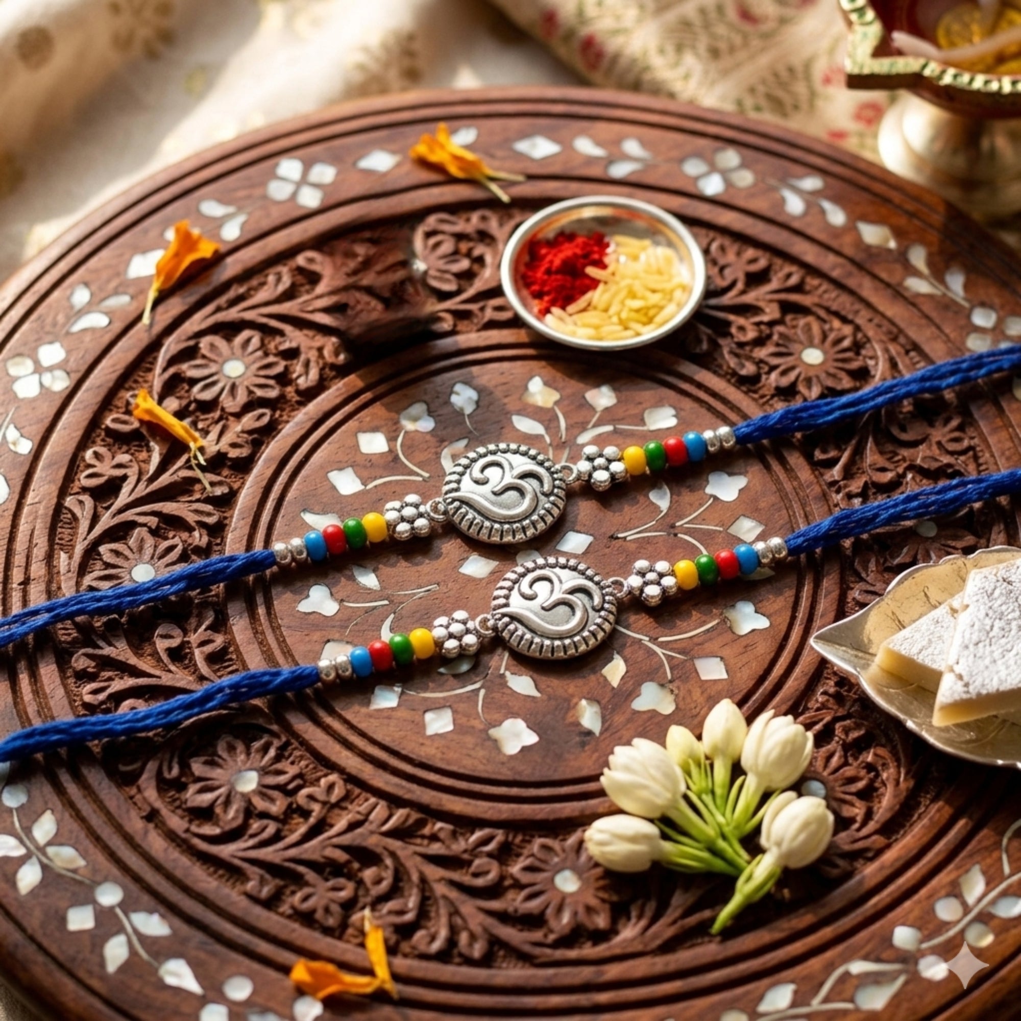 Om Religious Thread Rakhi with Roli Chawal & Rakshabandhan Card