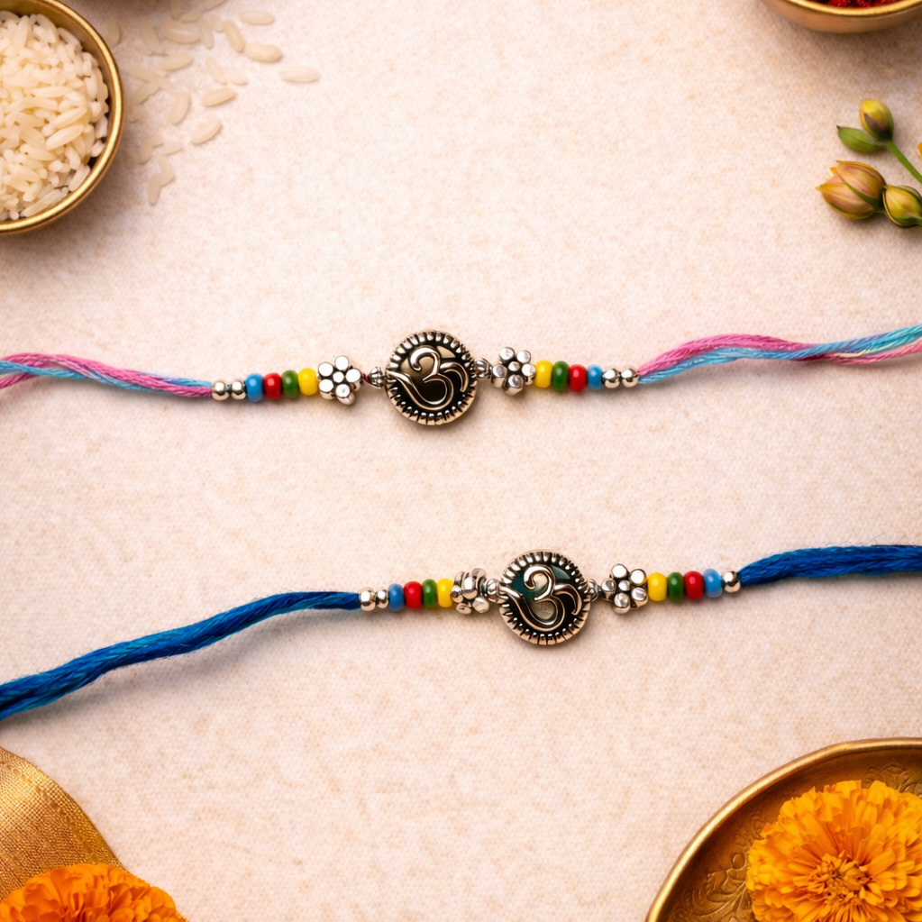 OmThread Rakhi with Roli Chawal & Rakshabandhan Card (Pack of 2)