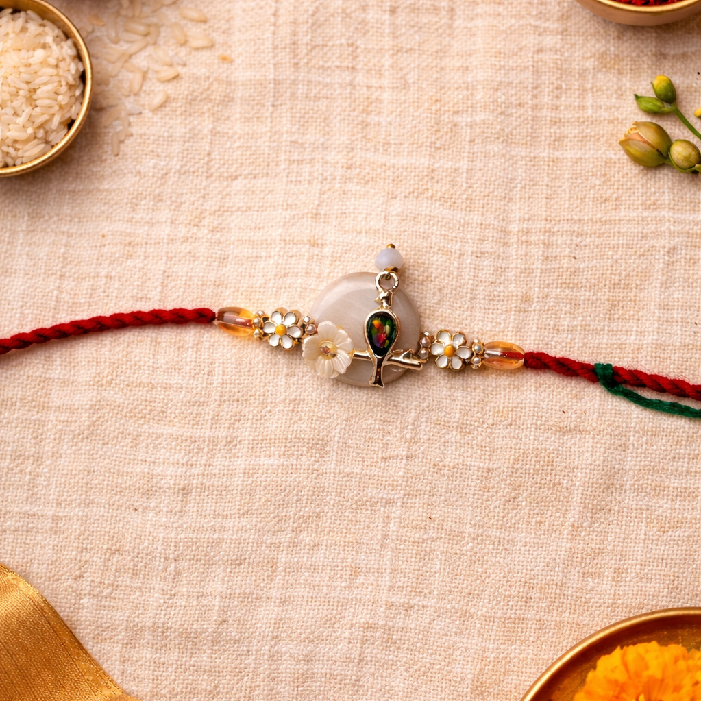 Enamel flower motif rakhi with Roli chawal and Rakshabandhan card