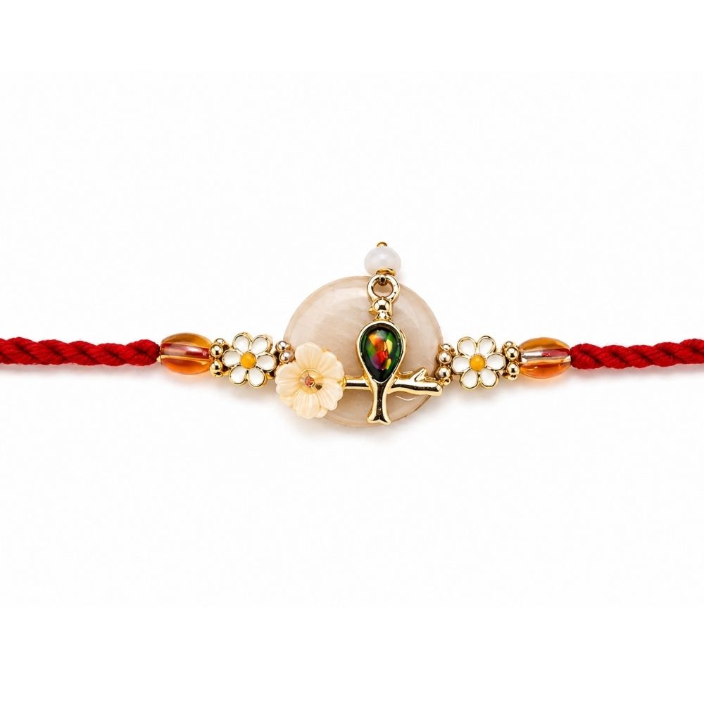 Enamel flower motif rakhi with Roli chawal and Rakshabandhan card