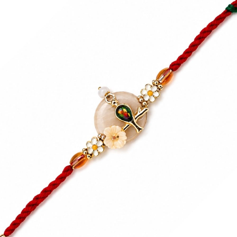Enamel flower motif rakhi with Roli chawal and Rakshabandhan card