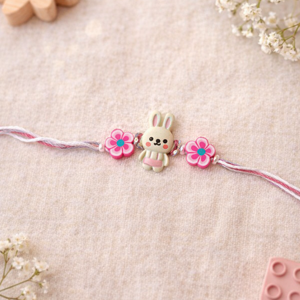 Cute Bunny Rakhi with Roli Chawal & Rakshabandhan Card