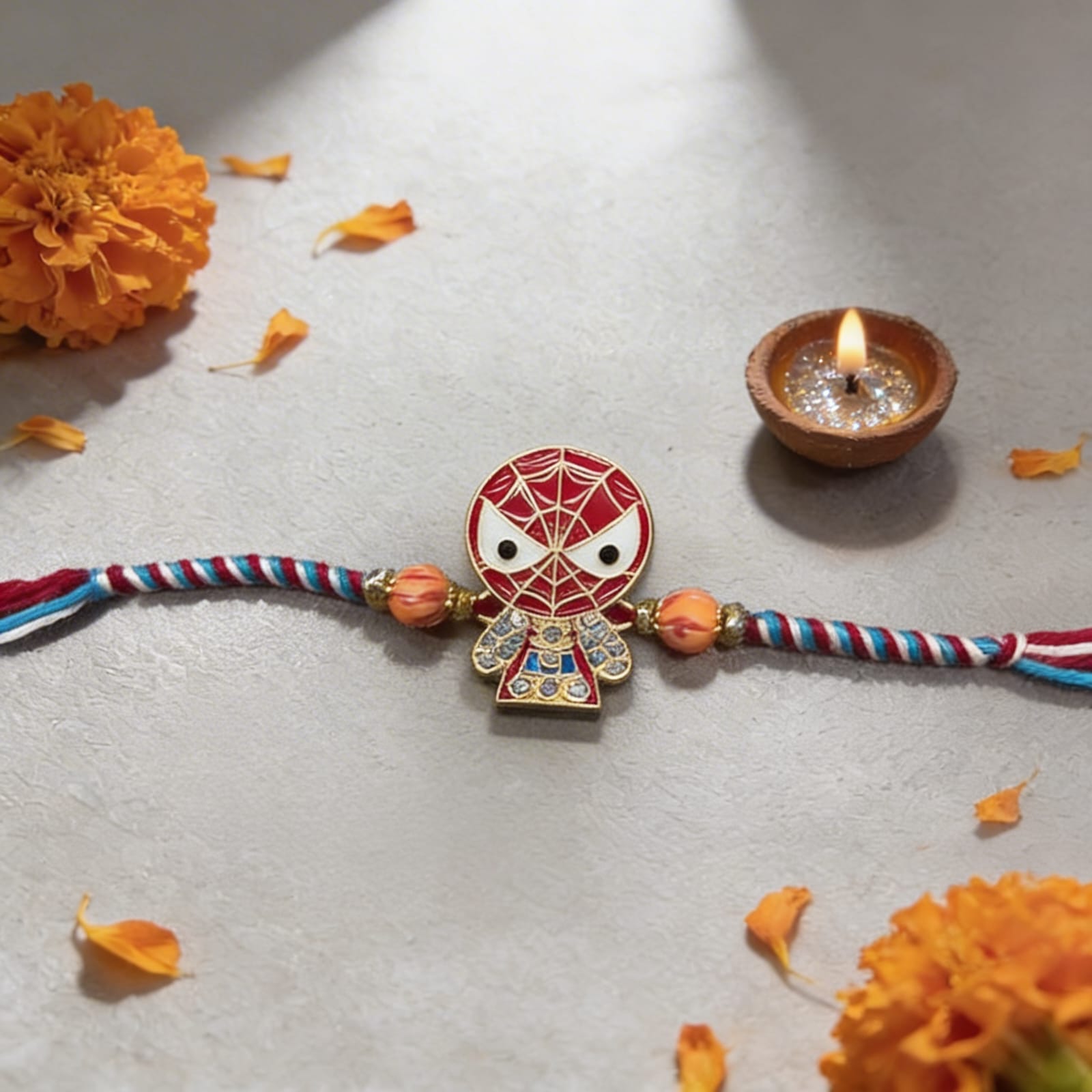 Cute Spider-Man Rakhi with Roli Chawal & Rakshabandhan Card