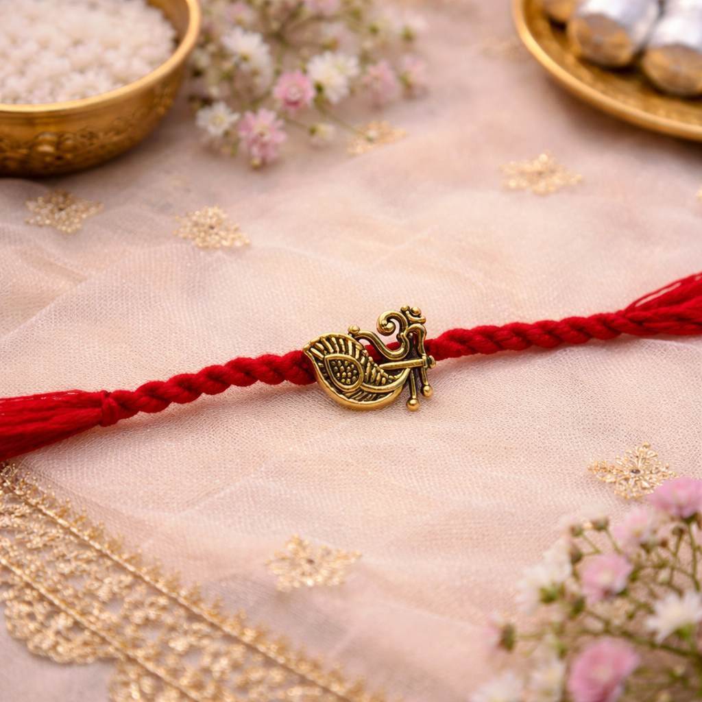 Om Peacock Feather Rakhi with Roli Chawal & Rakshabandhan Card