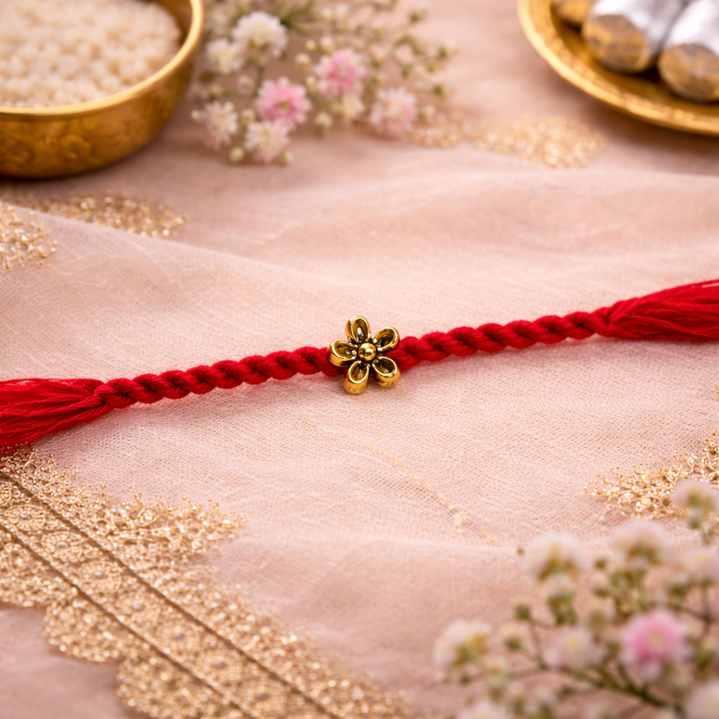 Floral Design Rakhi with Roli Chawal & Rakshabandhan Card